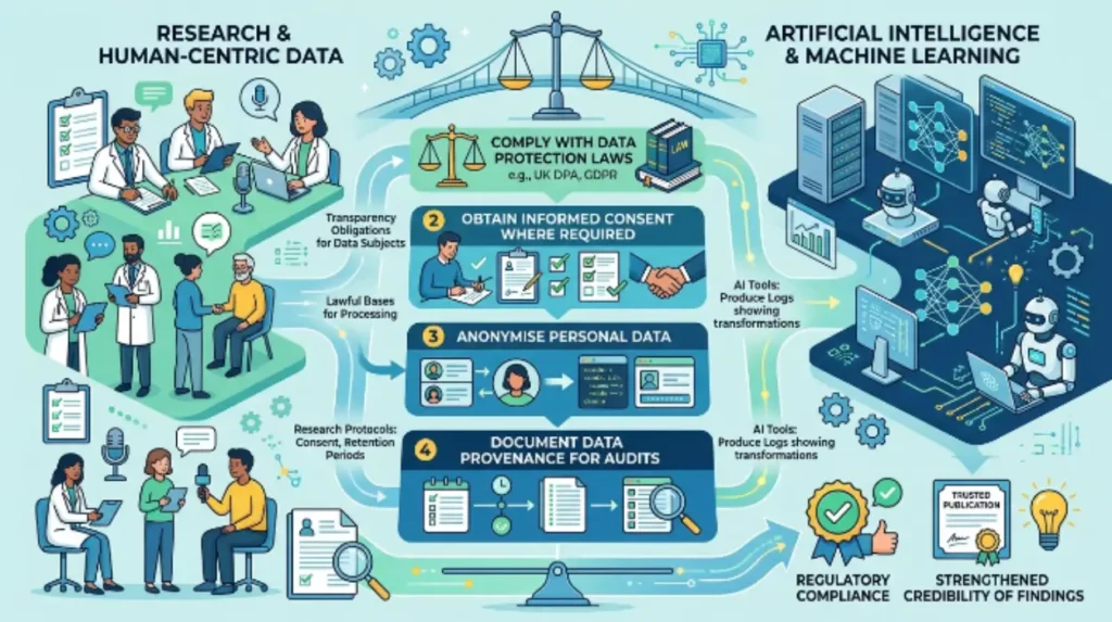How do legal and ethical considerations affect the research versus AI balance?