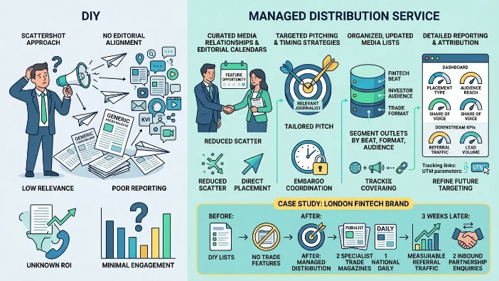 How do managed distribution services improve reach and placement compared to DIY methods