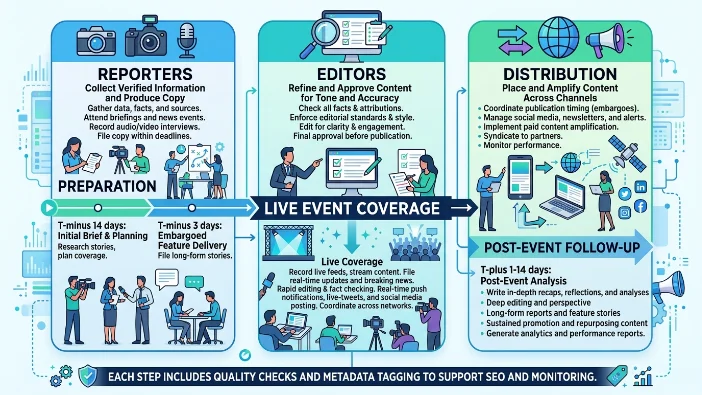 How do reporters, editors, and distribution operate together during an event campaign