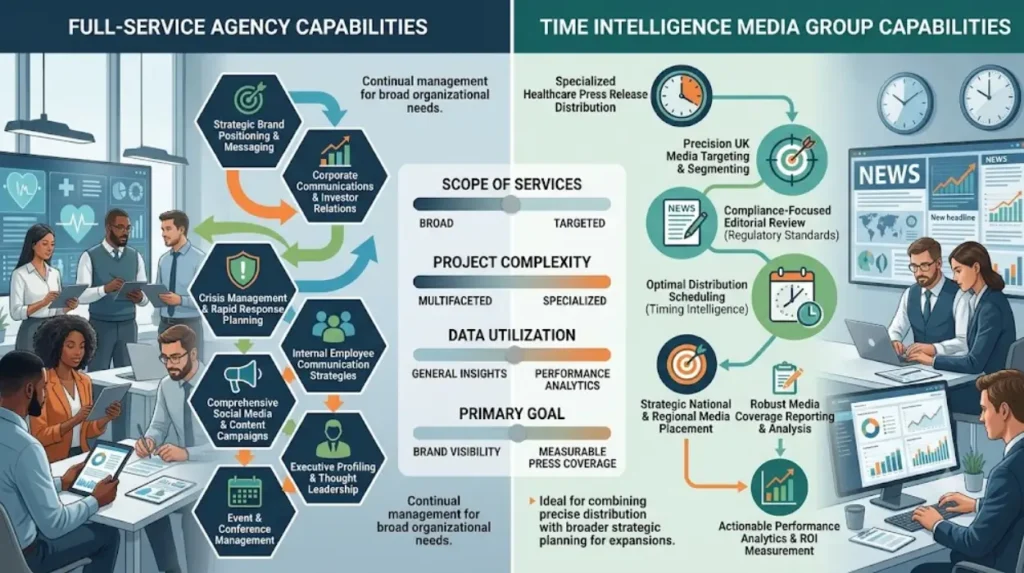 Full-Service Health PR Agencies vs. Time Intelligence Media Group: A Tactical Cost-Benefit Analysis 1 How do service offerings compare in practical healthcare communication projects?