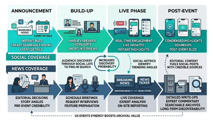 How do social and news coverage work together during the event lifecycle