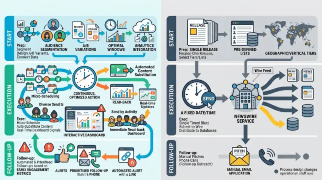 How do the distribution processes differ between the two approaches?