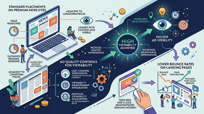 How do viewability and ad placement affect bounce rates on premium news sites
