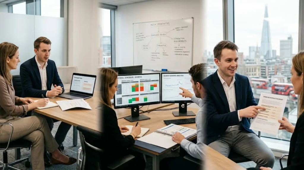 How do you book a UK press release timing review with Time Intelligence Media Group?