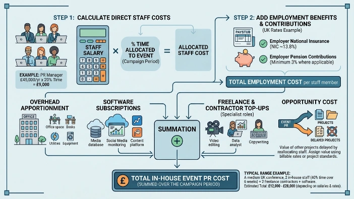 How do you calculate the total cost for in-house event PR