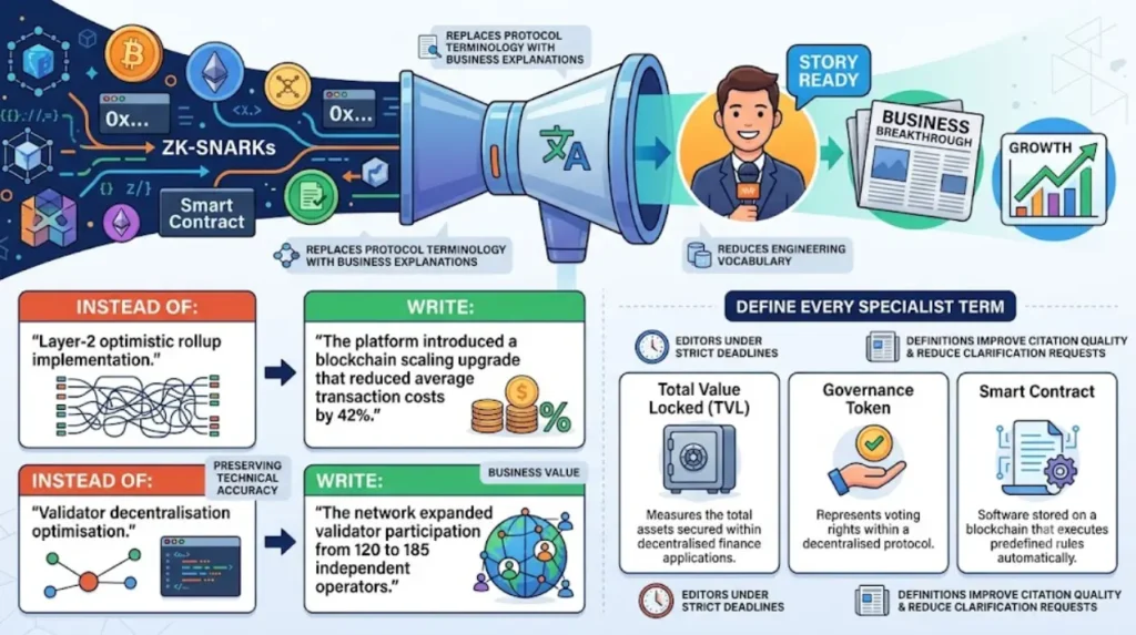How do you convert technical blockchain language into media-friendly communication?