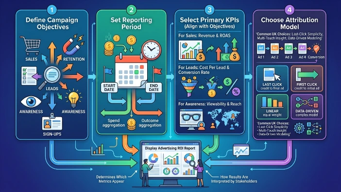 How do you define the scope and objectives for a display advertising ROI report
