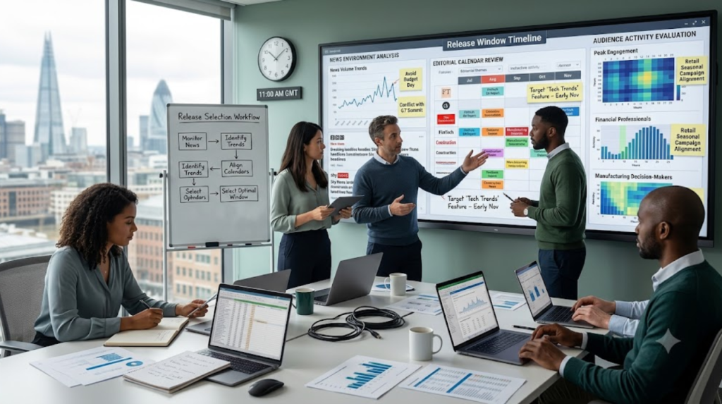 How does Time Intelligence Media Group determine the best release window?