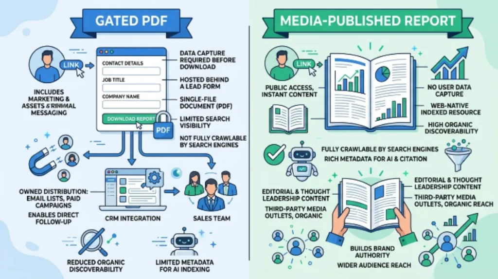 How does a gated PDF differ from a media-published report?