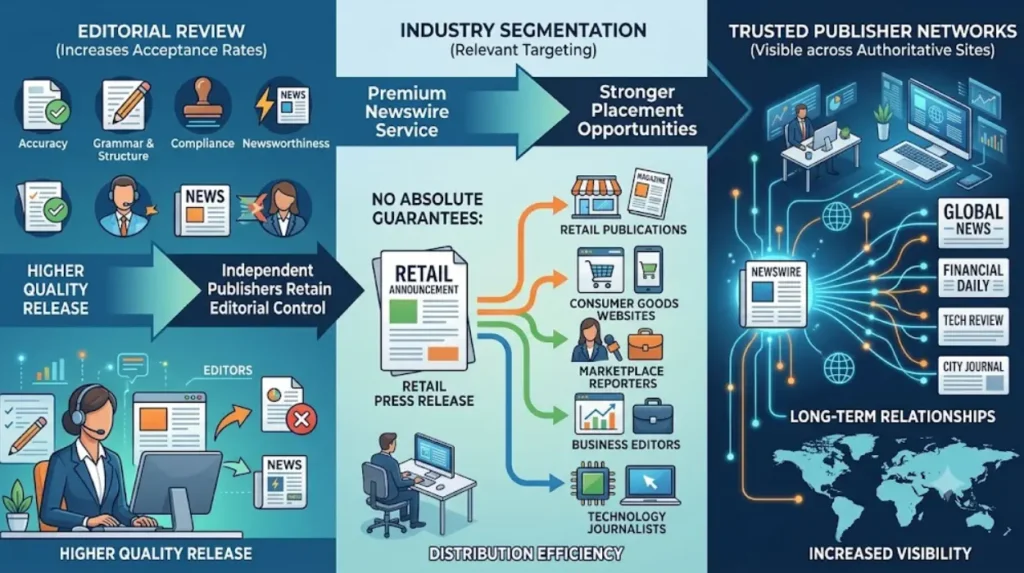 How does a premium newswire service guarantee stronger placement opportunities?