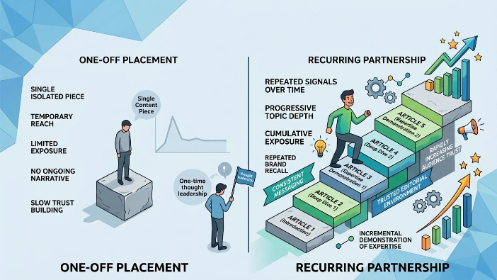 How does a recurring partnership build authority faster than a one-off placement