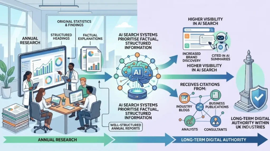 How does annual research improve AI search visibility?