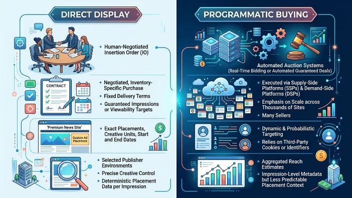 How does direct display differ from programmatic buying