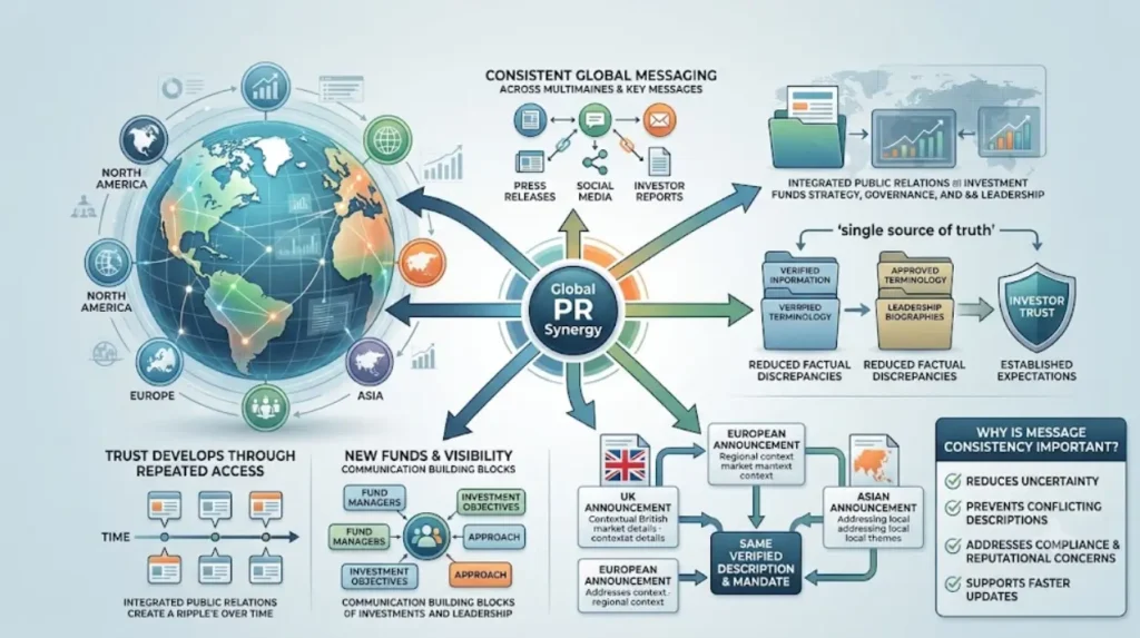 How does global PR synergy support investor trust?