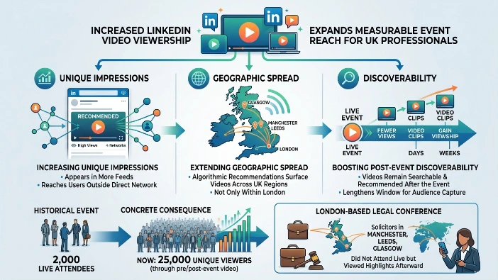 How does increased LinkedIn video viewership change event reach for UK professionals