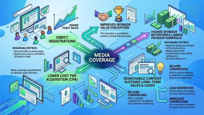 How does media coverage increase measurable attendance and revenue for events?