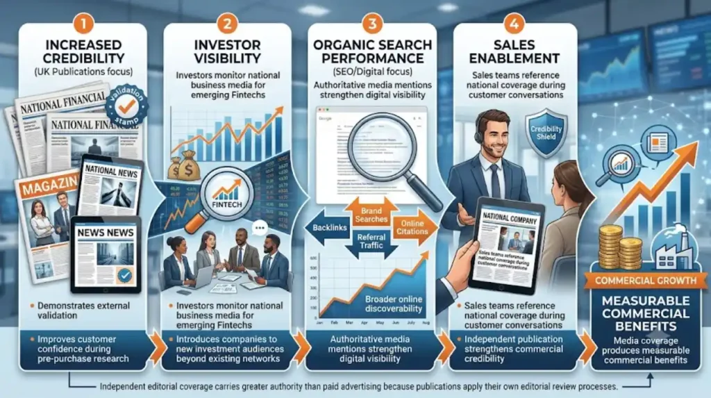 How does national media coverage support fintech business growth?