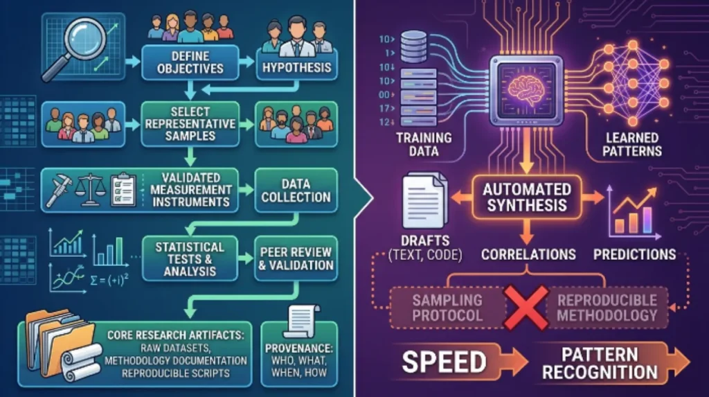 How does research differ from AI-generated outputs?