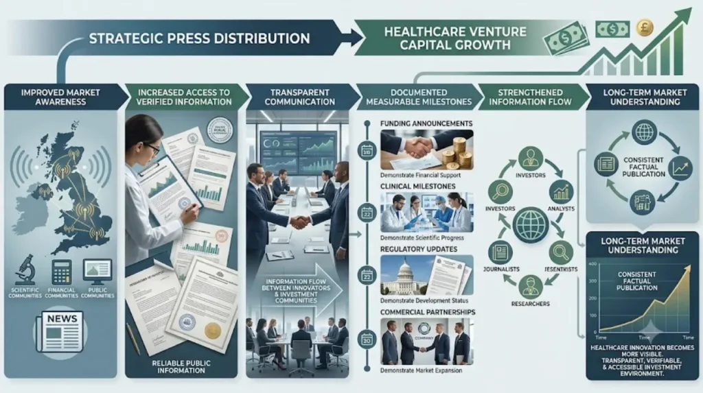 How does strategic press distribution contribute to healthcare venture capital growth?