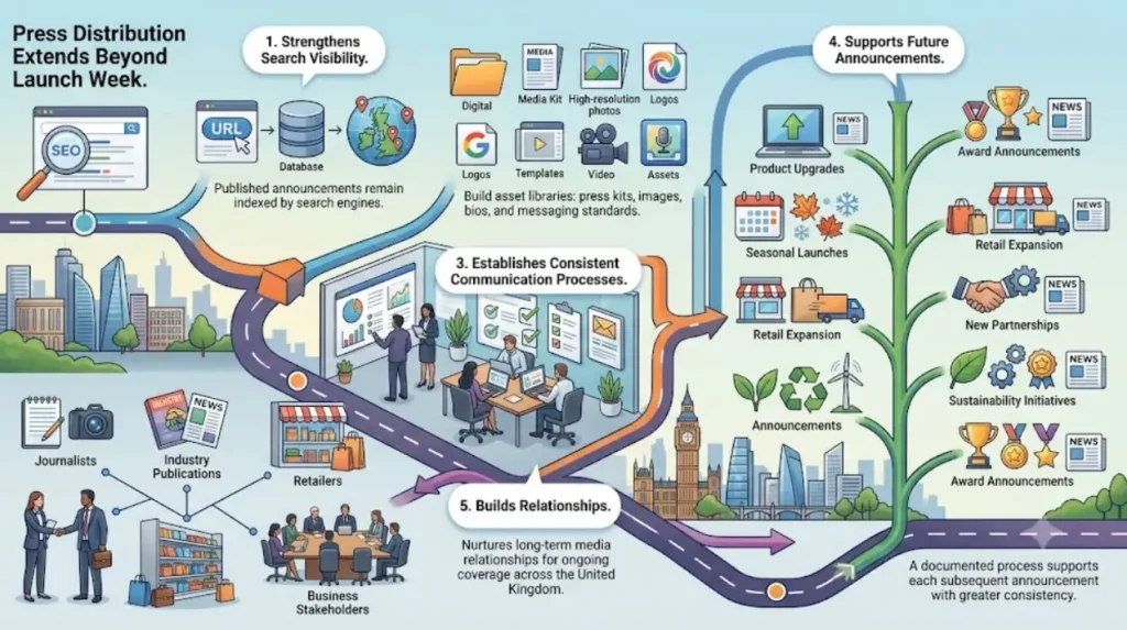 How does strategic press distribution support long-term product growth?