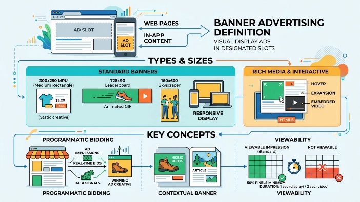 How is banner advertising defined and what types does it include