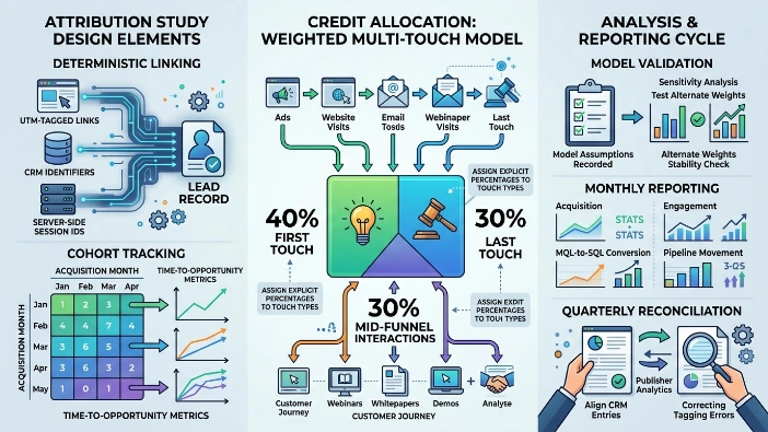 How is the attribution study designed and which model defines credit allocation