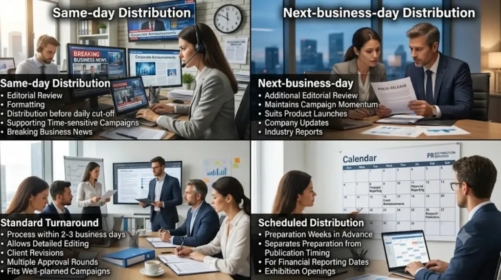 Comparing Turnaround Times Across UK PR Distribution Services 1 How long do common UK PR distribution turnaround options take?