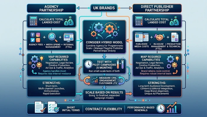 How should UK brands decide between agency and direct publisher partnerships