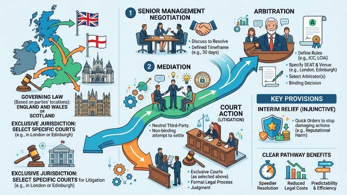 How should dispute resolution and governing law be set