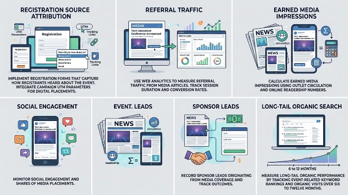 How should event metrics be tracked to show media coverage impact