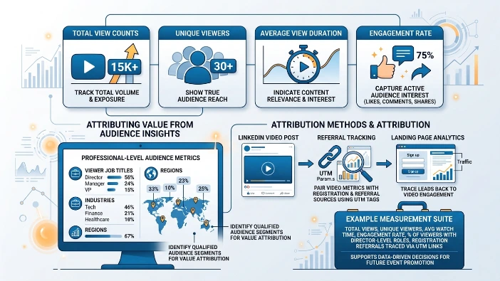 How should event teams measure success and attribute value from LinkedIn video views