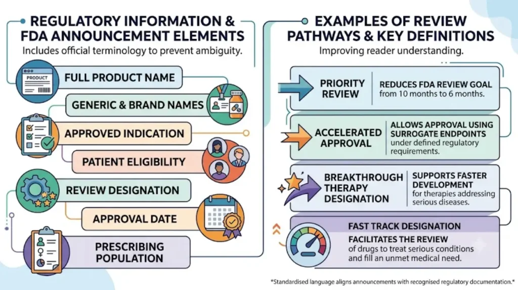 How should regulatory approval details be presented?