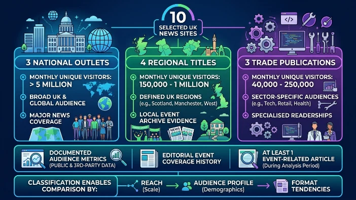 How were the 10 UK news sites selected and classified