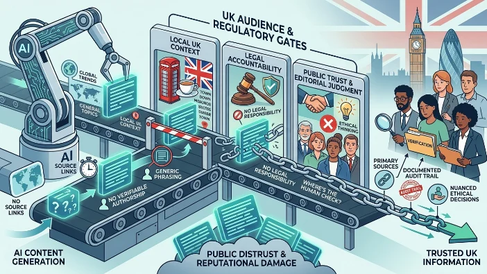 What are the limitations of AI-only content for UK audiences