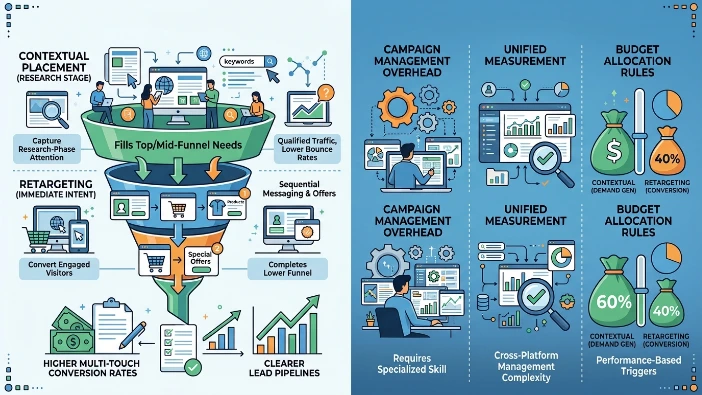 What benefits and trade-offs exist when combining retargeting and contextual placement
