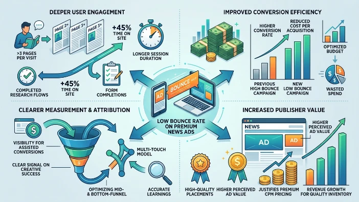 What benefits arise from lower bounce rates on premium news site banner ads