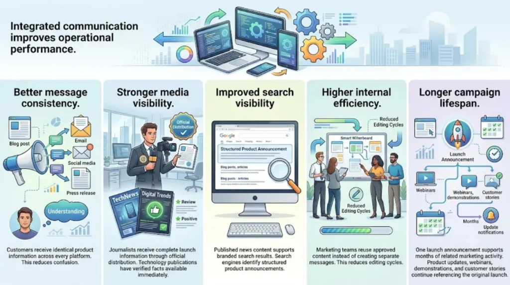 What business benefits result from integrating press distribution?