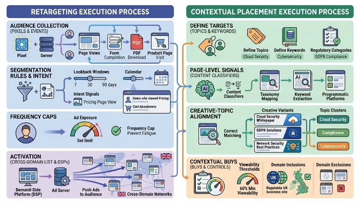 What campaign processes define retargeting and contextual placement execution