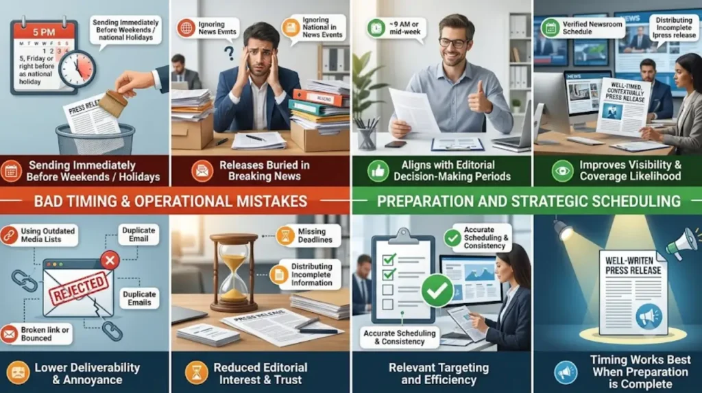 What common timing mistakes reduce press release visibility?
