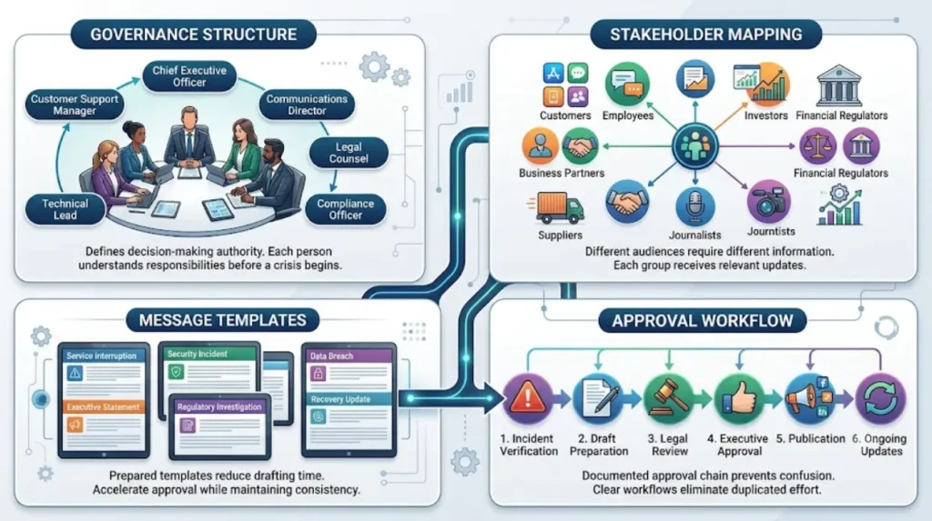 What components form an effective crisis communication framework?