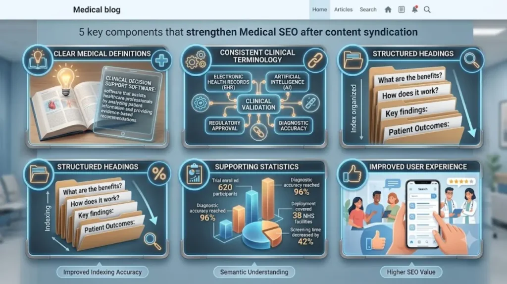 What content elements strengthen medical SEO after syndication?