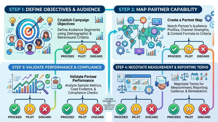 What four-step process identifies the right media partner