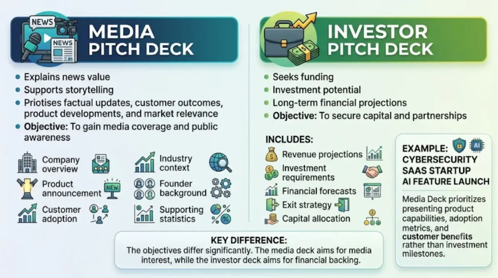 What makes a tech media pitch deck different from an investor pitch deck?