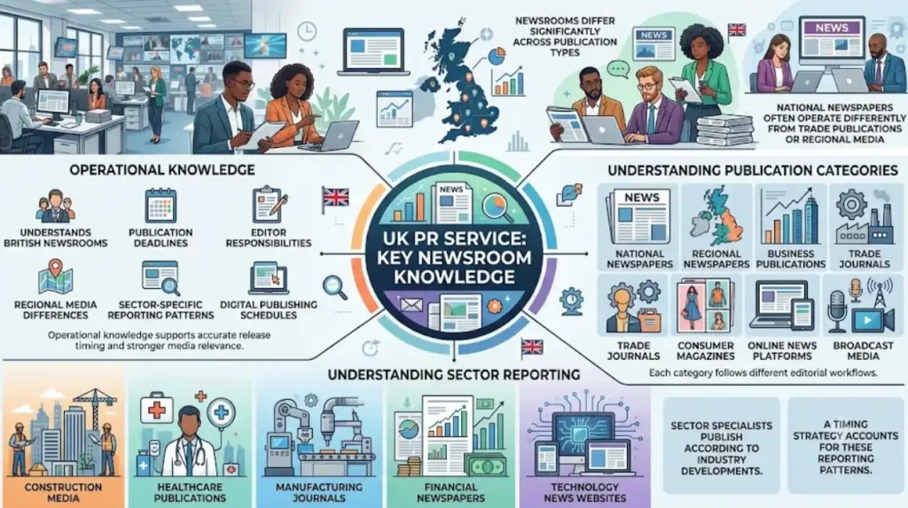 What newsroom knowledge should a UK PR service demonstrate?