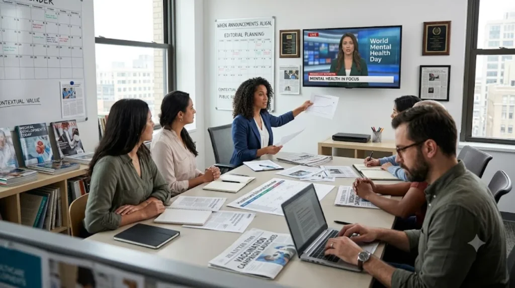 What role does timing play in healthcare media coverage?