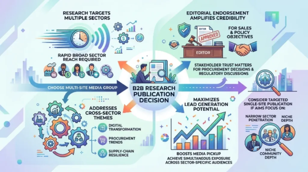 When is a multi-site media group the right choice for B2B research publication?