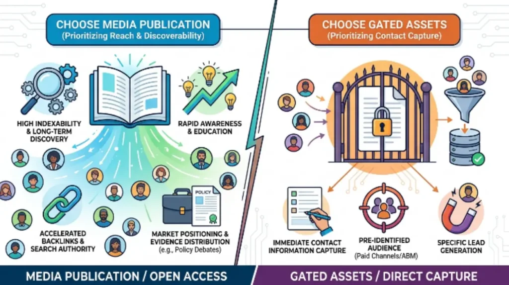 When should organisations choose media publication over gating?