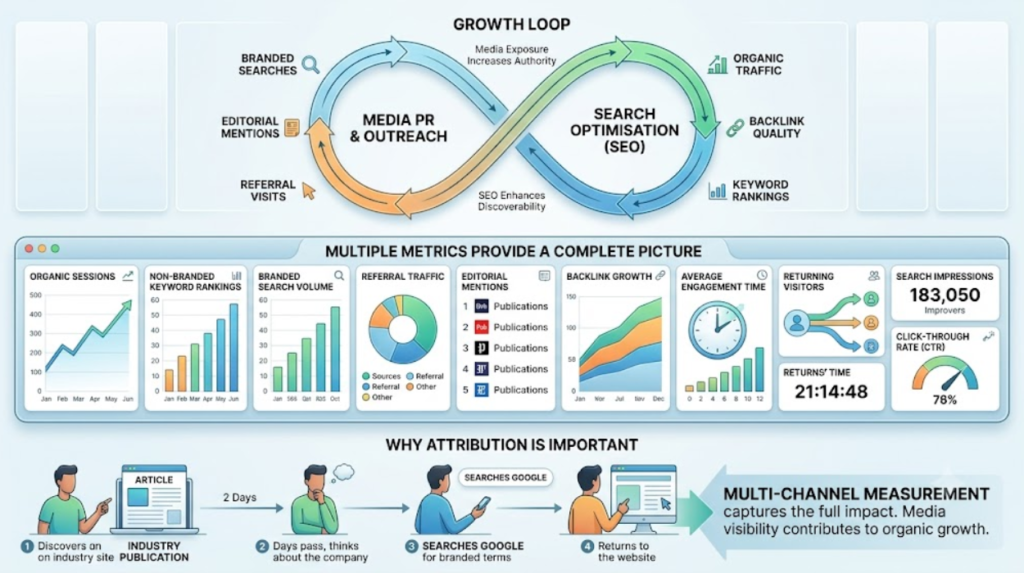 Which metrics measure the SEO and media PR growth loop?