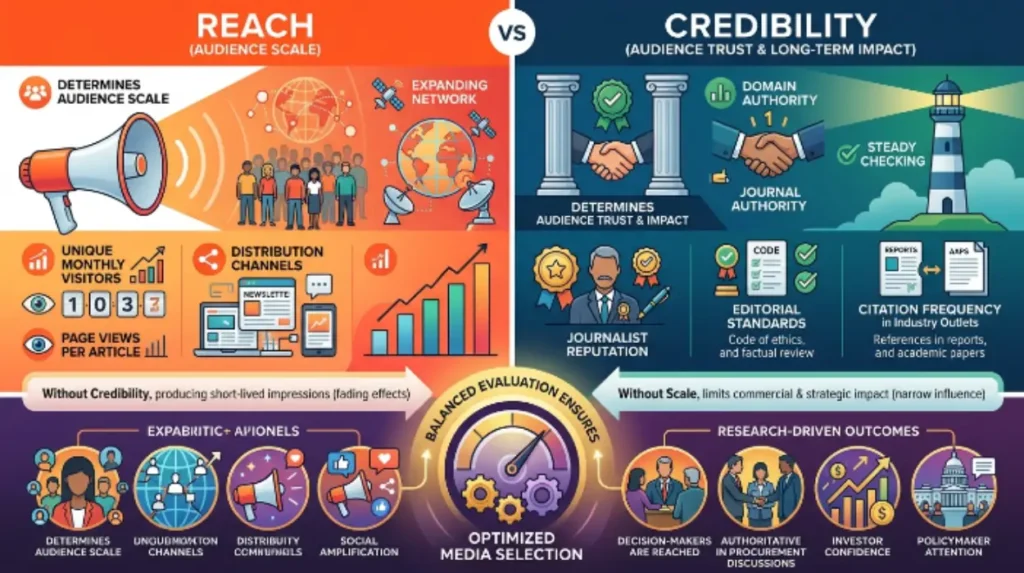 Why compare reach and credibility when selecting a media group?