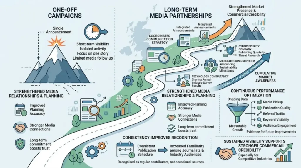 Why do UK B2B brands use long-term media partnerships instead of one-off campaigns?